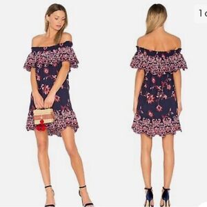 Parker Banks Aquarius Embroidered Floral Off Shoulder Ruffle Dress